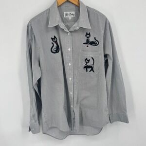 Get Lucky Women's Vintage Cat Shirt Gray White Stripes Jeweled Accents Size L